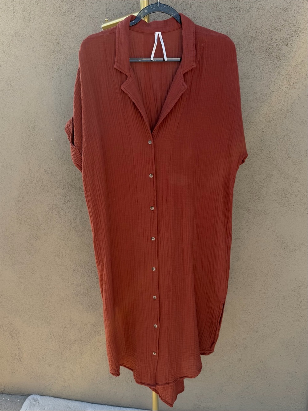 Anthropologie Lucia Sheer Cotton Button Front Midi Dress Beach Cover up Brown XL